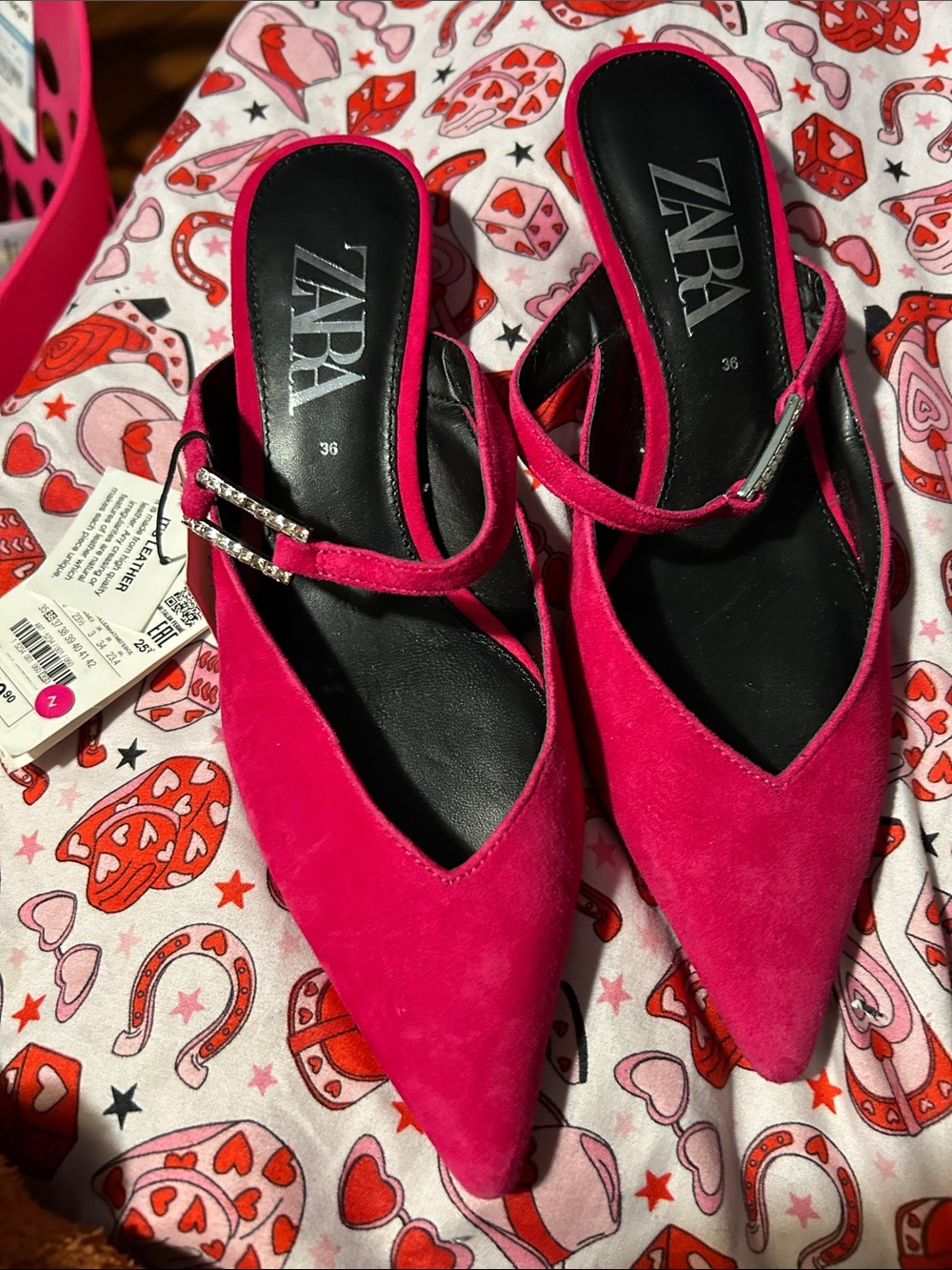 ZARA Hot Pink Pointed-Toe Slingback Mules with Rhinestone Buckle